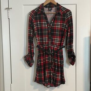 Derek Heart Red and Black Plaid Long Sleeve Shirt Dress with belt NWT size M